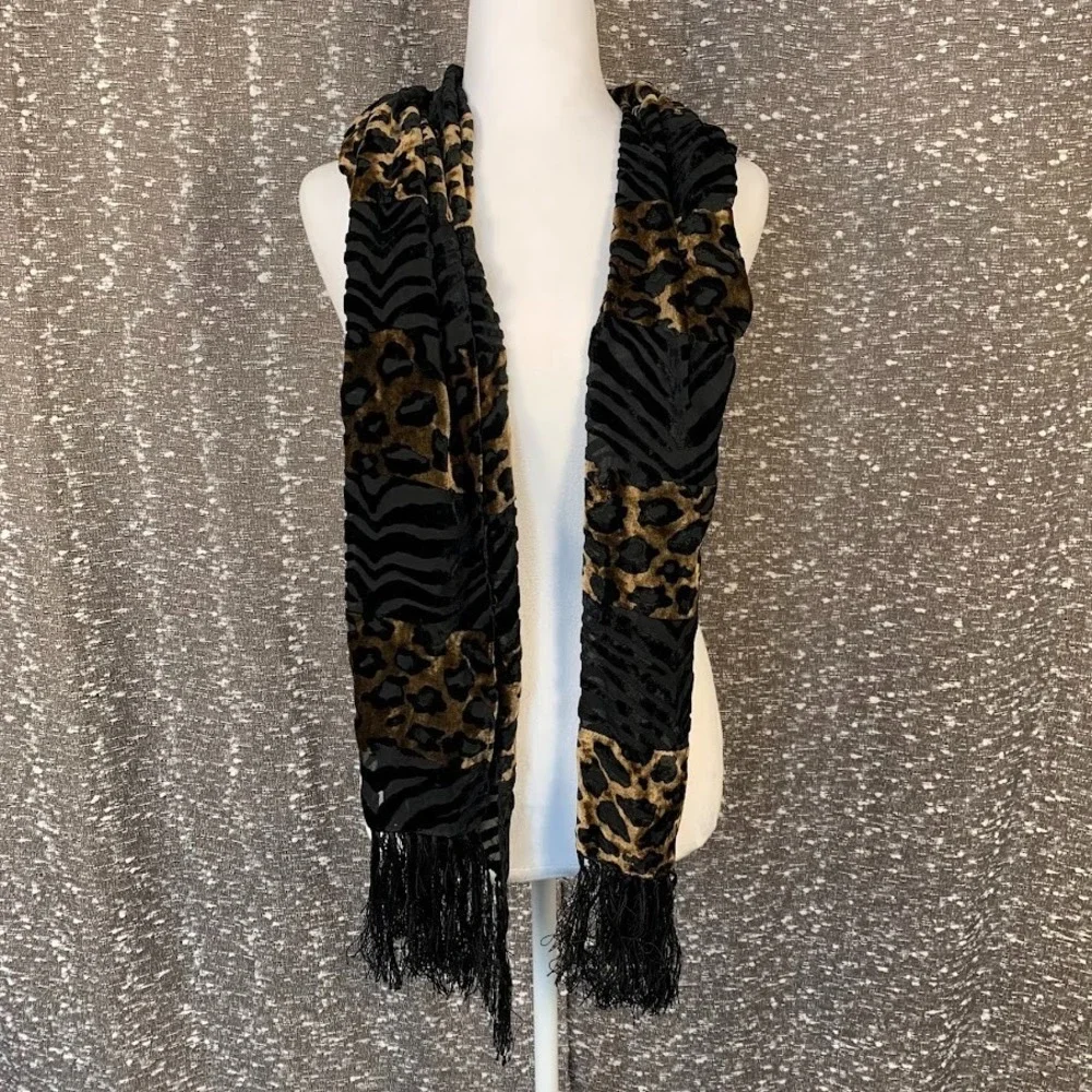 Animal Print Fringe Scarf Wrap Sheer Accents‎ Y2K Boho